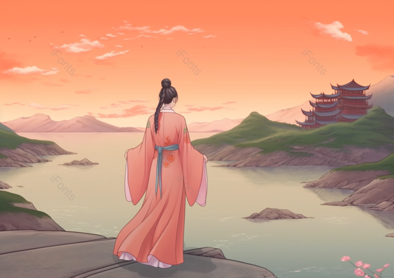 中国国潮国风新中式古代房屋建筑背景古代汉服少女站在江边眺望江面古风插画,插画/手绘图,插画/手绘图库,插画/手绘图下载,插画/手绘